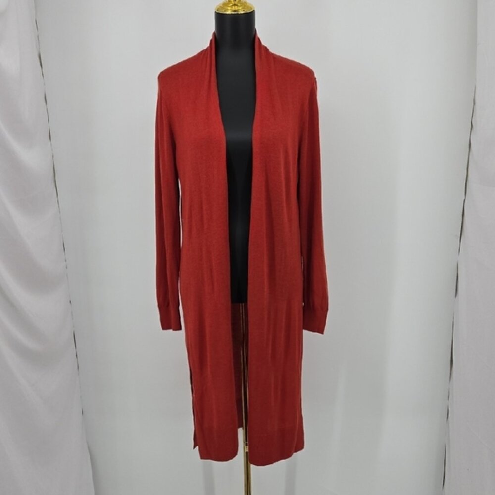 Loft Women's Open Front Long Cardigan Sweater Rust Orange Lightweight Size Large